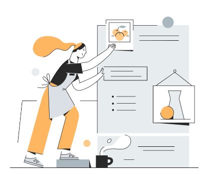 An animated picture of a woman arranging staffs in a refrigrator